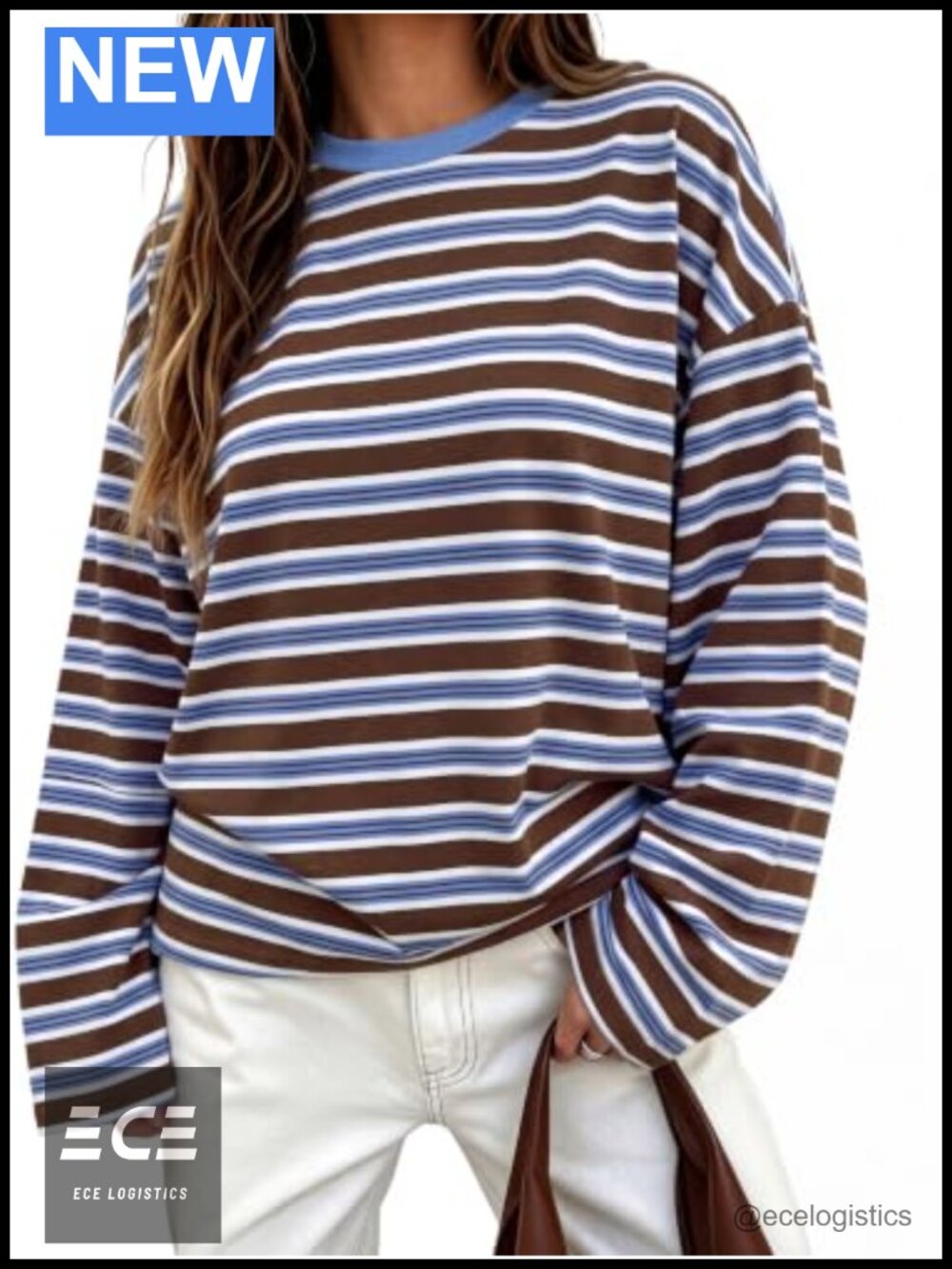 Womens Oversized Striped Long Sleeve T-Shirt Rayon Blend Drop Shoulder